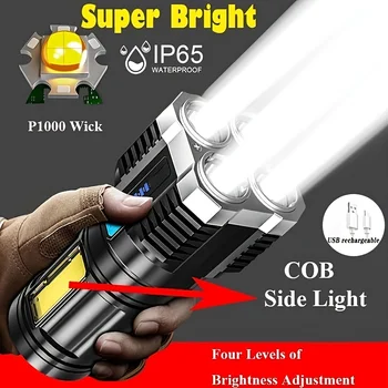 1db Hordozható, 4 LED-es Elemlámpa Nagy teljesítményű Kemping Lámpa Zseblámpa COB Oldalon Fény Újratölthető Hordozható Kézi Lámpa 4 Világítási Mód Kép