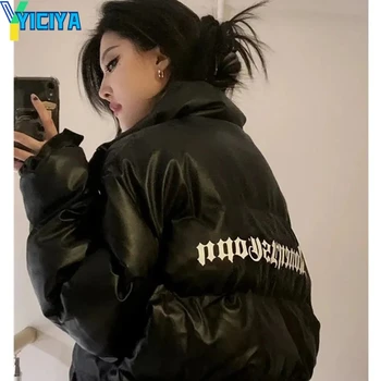 YICIYA Bőr kabát kabát fekete bombázó nők meleg Megvastagodása téli Magas színvonalú Egyetemi Női Amerikai Kabát kabát felső Kép