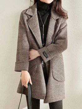 Meleg Téli Női Kabát Divat Alkalmi Kapcsolja le a Gallér Női Gyapjú Kabát Ellenőrző Design Őszi Új Nagy Zseb Vastag Tweed Kabát Kép