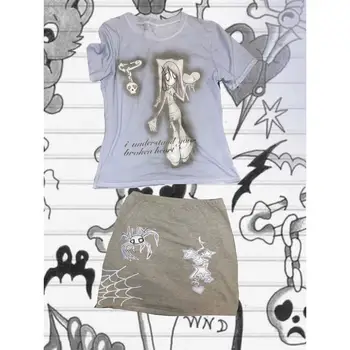 Nyári Y2K Esztétikai Emo Grunge Két 2 db Gótikus Nyakkendő Festék, Nyomtatás Termés, T-ing, Szoknya Szett Nők Harajuku Streetwear Kép