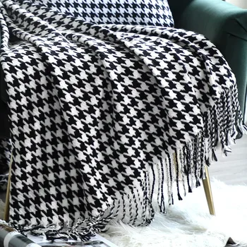 Modern, egyszerű, takarót fekete-fehér houndstooth minta dekoratív kanapé takaró vendéglátó hotel ágy végén törölközőt ágy zászló puha sál Kép