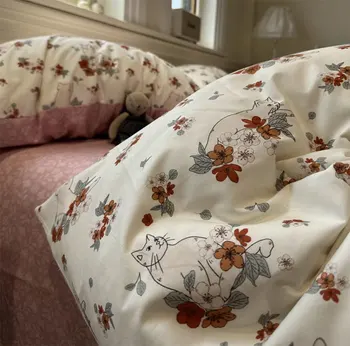 Amerikai ország, macska, virág, ágyneműgarnitúra,két teljes királynő lelkipásztori virágos pamut haza textil takaró párna esetben takaró fedél Kép