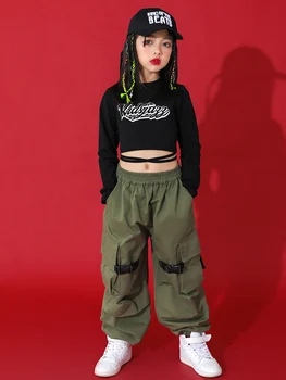 Új Gyerekek Streetwear Hip-Hop Jelmez Lányok, Jazz-Tánc Termés Maximum Hadsereg Zöld Nadrág Hiphop Teljesítmény Ruhát Rave Viselni BL9600 Kép