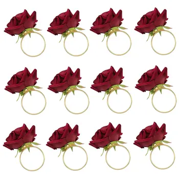 12 DB Piros Rózsa Alakú Törölközőt Csat Szalvéta Gyűrű, Esküvői Party Valentin-Nap Hotel Asztal Dekoráció Fém Arany Szalvéta tartó Kép