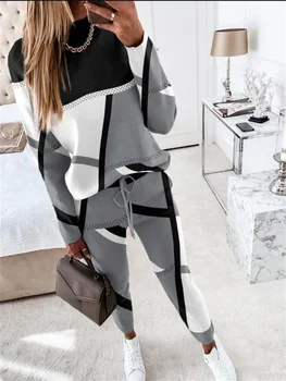 Női Alkalmi Nadrág Geometriai Nyomtatás Hosszú Ujjú O-nyakú Felső Pulóver Divat Zsinóros Nadrág Streetwear 2 darabos Készlet Kép