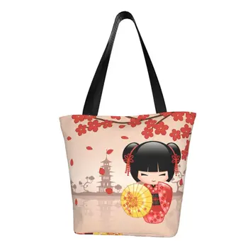A Japán Vörös Sakura Kokeshi Baba Tote Bevásárló Táskák Hordozható Vászon Vásárló Váll Aranyos Lányos Cseresznyevirág Táska Kép