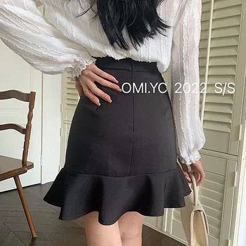 Fekete, fodros szoknya, női fél szoknya koreai változat, nagy fenék csomagolva ruhát 2023 faldas y2k nő szoknya Kép
