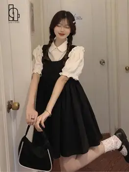 Japán Édes Fekete vonal ruha+fehér Blúz, 2 darabos Készlet Nők Nyári Preppy Stílus Puff Ujjú Lolita Ruha Ruha Vintage Ruha Kép