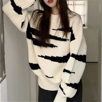 Slouchy csíkos pulóver, női új laza design kötött pulóver felső őszi-téli Kép