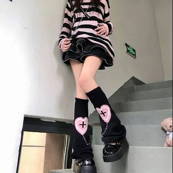 Lolita Kötött Széles Láb-Harisnya Ujja Szerelem Kereszt Y2K Lányok Megfelelő Borjú Ujjú Téli Meleg Gyapjú Kötött lábmelegítő) Kép