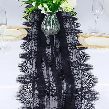 Étkező Asztal Futó Virágos Csipke asztali Futó Esküvő lánybúcsú Elegáns Puszta Fehér, Fekete Tüll Hosszú Téglalap Étkezési Kép