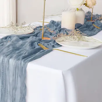 Félig Áttetsző Asztali Futó Kék Cheesecloth Géz Terítő Beállítás Esküvői Étkezési Fél Karácsonyi Bankettek Baba Dekoráció Zuhany Kép