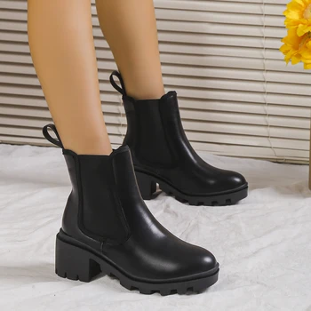 Chelsea Boots Vaskos Női Téli Cipő PU Bőr Boka Fekete Női Őszi Divat Platform Kép