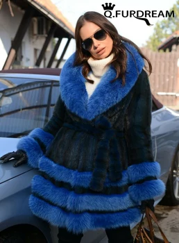 K. FURDREAM Divat Természetes, hogy Mink a Női Kabát Hossza 90cm Nagy Ezüst Róka Prém Hajtóka, valamint Szegély Téli Divat Trend Igazi Bunda Kabát Kép