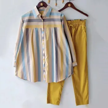 Elegáns csíkos Pamut Homewear Rakott Rövid Készletek Hosszú Ujjú Vékony Két darabos Készlet Pizsama Női 2023 Alkalmi Nyári Ruhák Kép