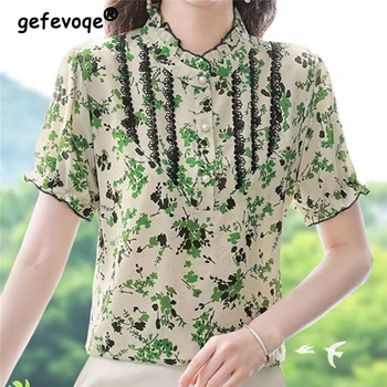 A Nők Fodros Csipke Patchwork Elegáns Felsők Virágmintás Elegáns Blúz Nyári Koreai Stílus Rövid Ujjú Ing Blusa Mujer Moda 2023 Kép