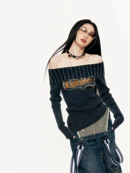Streetwear Ki Váll Kötött Felső Nők American Vintage Slim Levelet Pulóver Kpop Hosszú Ujjú Pulóver Hippi Kép