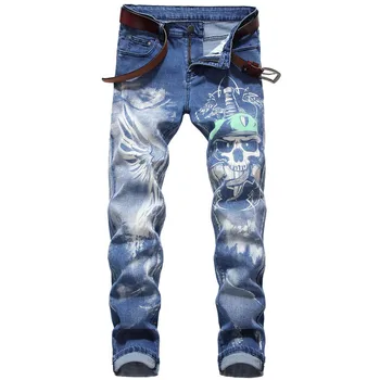Szűk Farmer, Férfi 3D-s Nyomtatási Minta Streetwear Divat Feszített Ember Jean Gótikus Kék Farmer Pantalones Hombre Farmer Para Nadrág Kép
