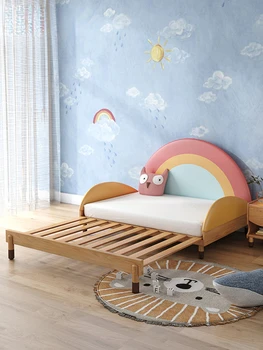 Szivárvány gyermek ágy tömör fa push-pull teleszkópos fiú hercegnő kanapé splicing a védőrács Kép